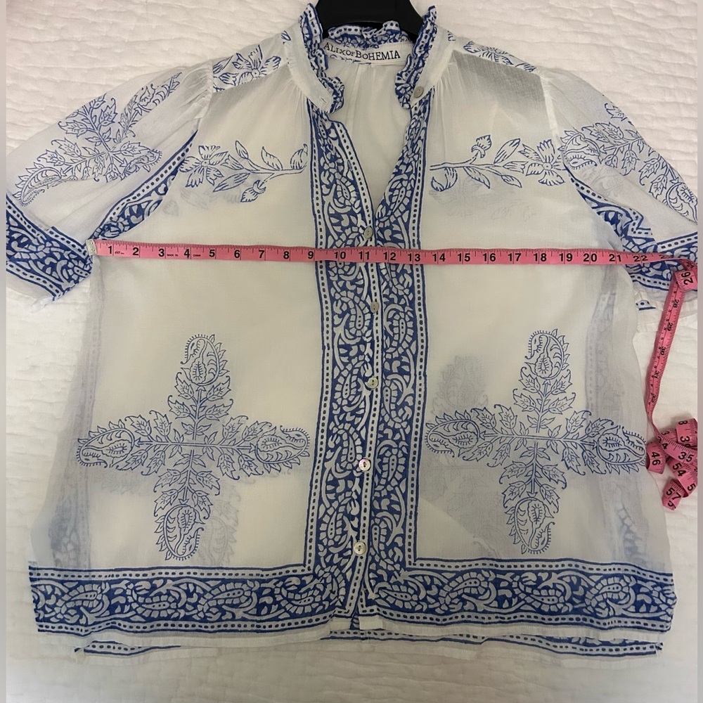 Alix of Bohemia White Cotton Blouse with Blue Floral Trim - Picture 5 of 8